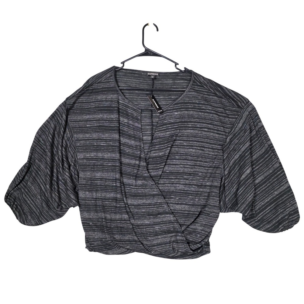 Express Marled Faux Wrap Surplice Dolman Batwing Top‎ Women's L Black Gray NWT